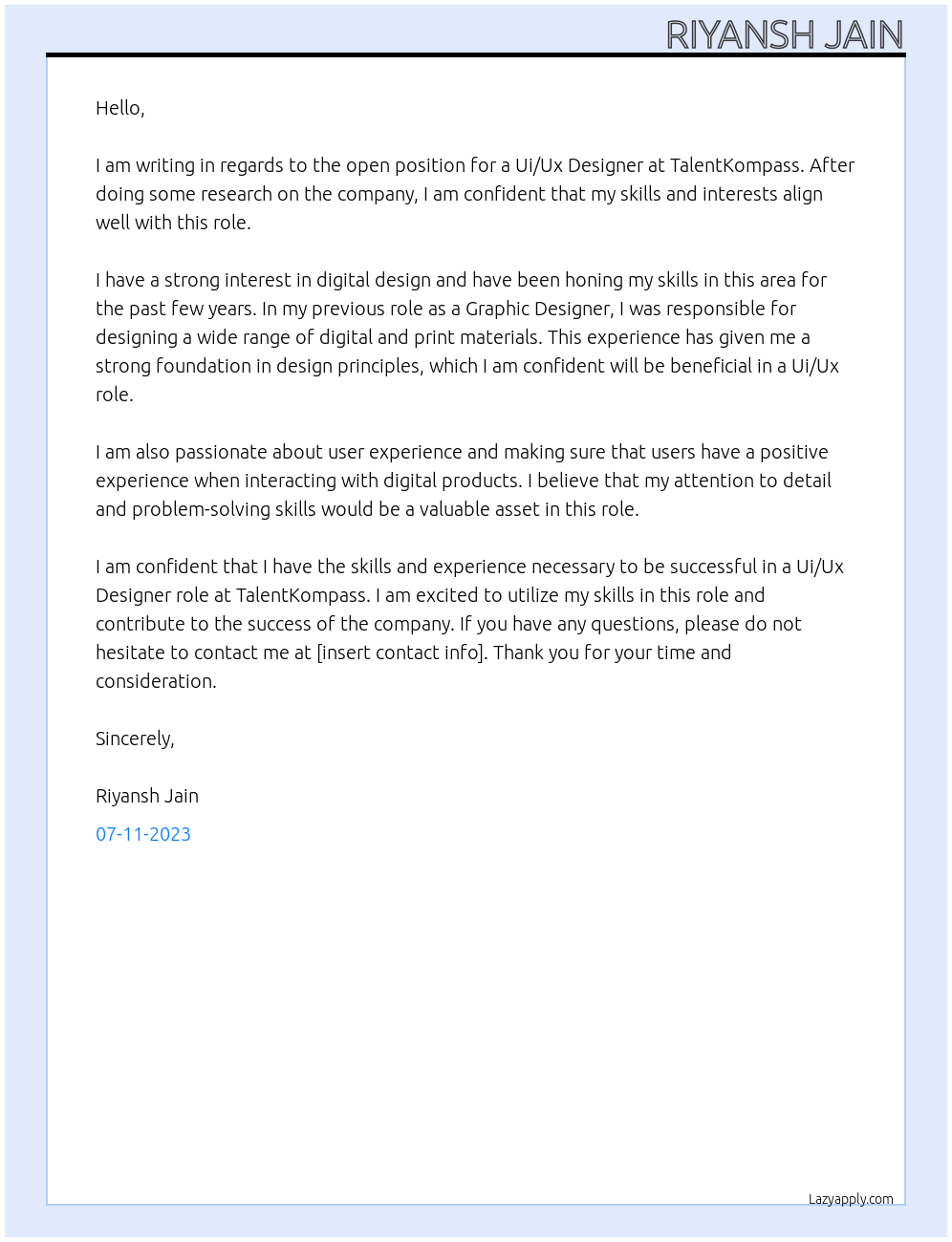 Ui/Ux At TalentKompass Cover Letter