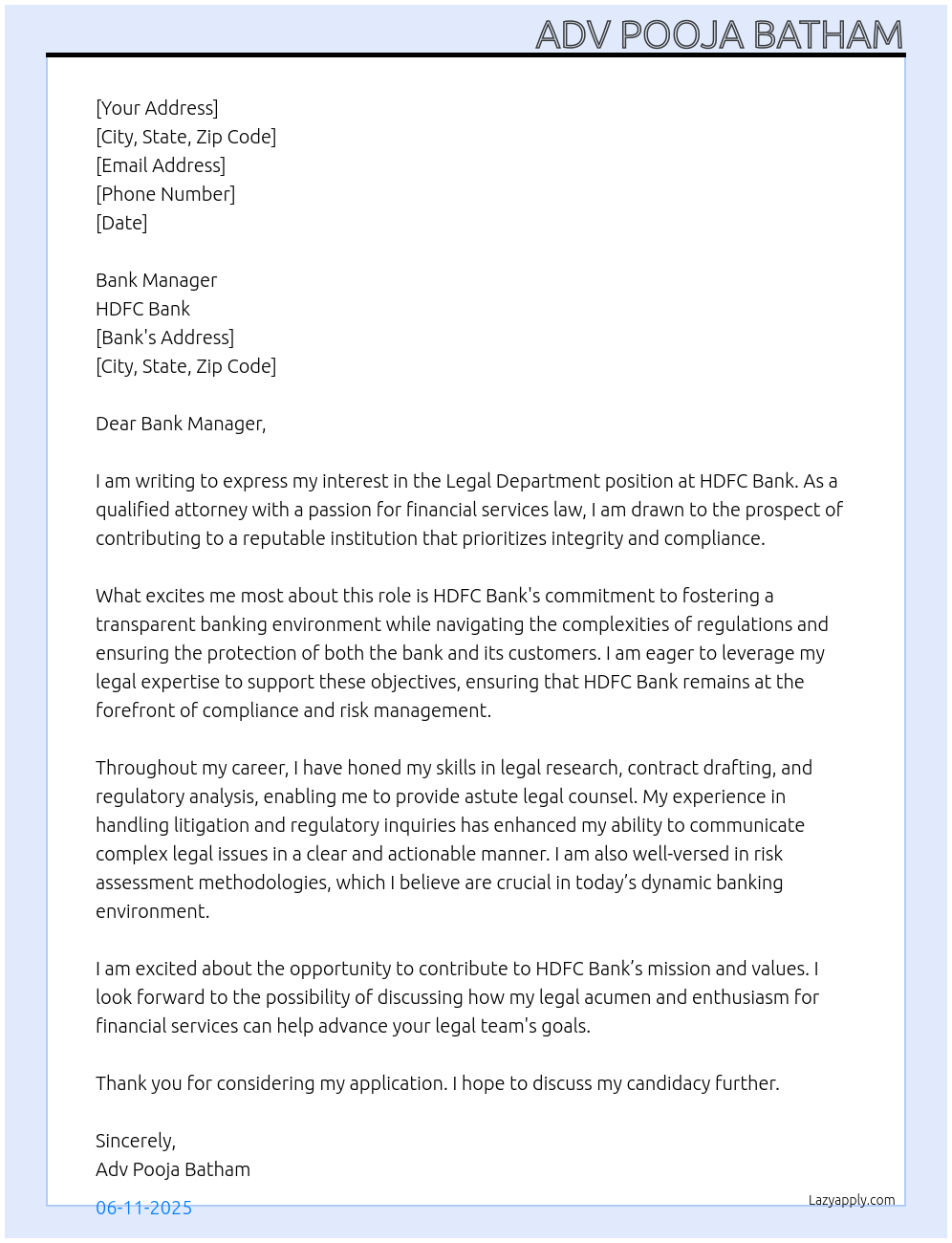 Legal department At Hdfc bank Cover Letter