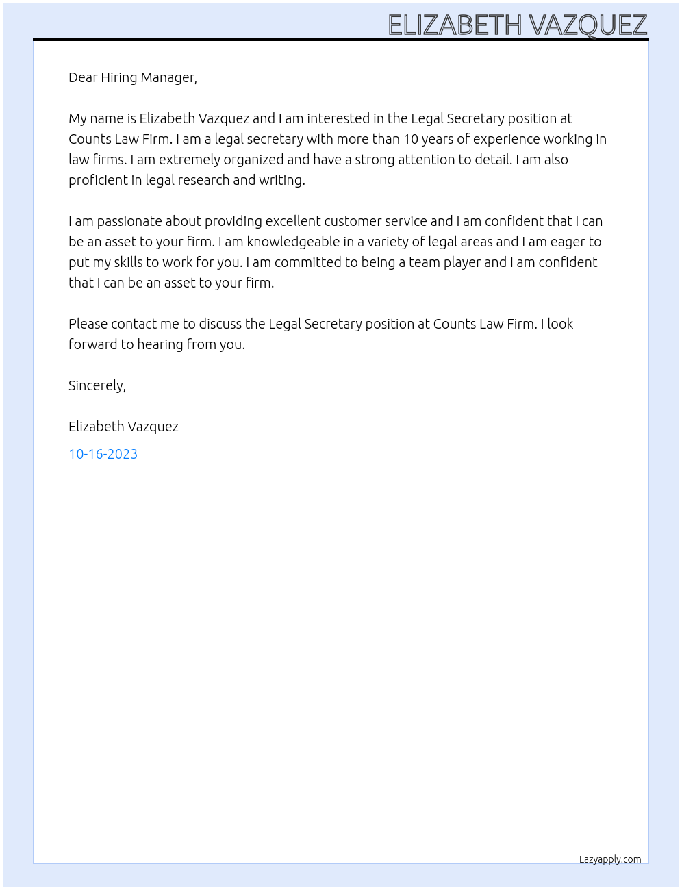 Legal Secretary At Counts Law Firm Cover Letter