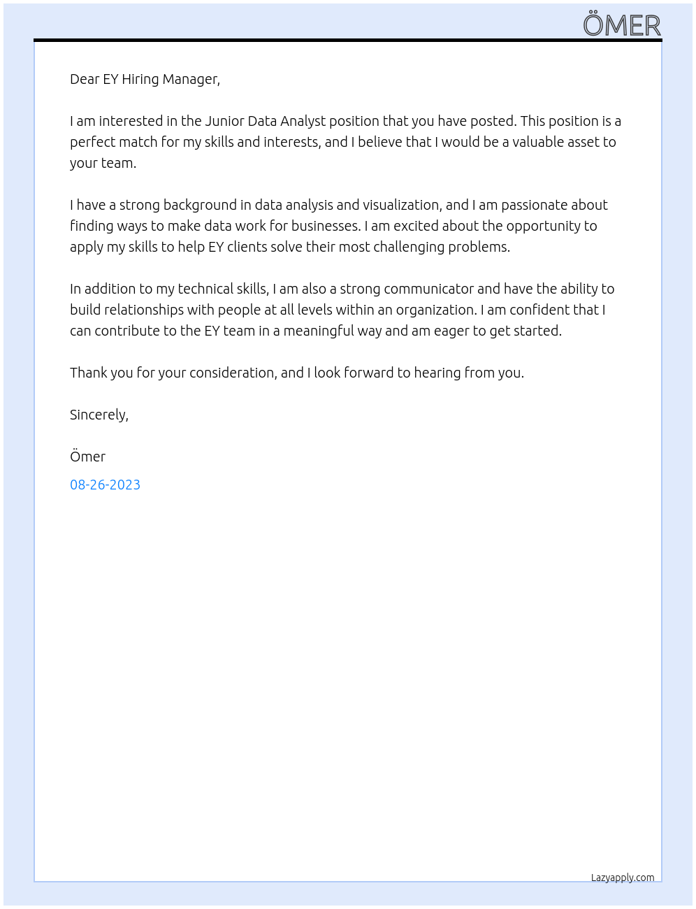 Junior Data Analyst At EY Cover Letter
