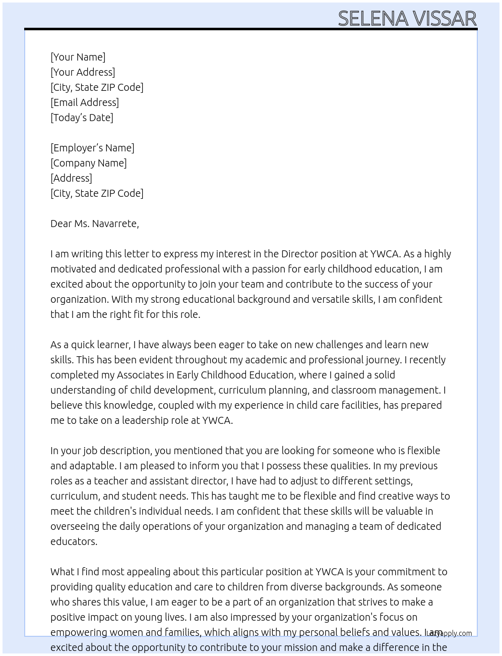 Director At YWCA Cover Letter