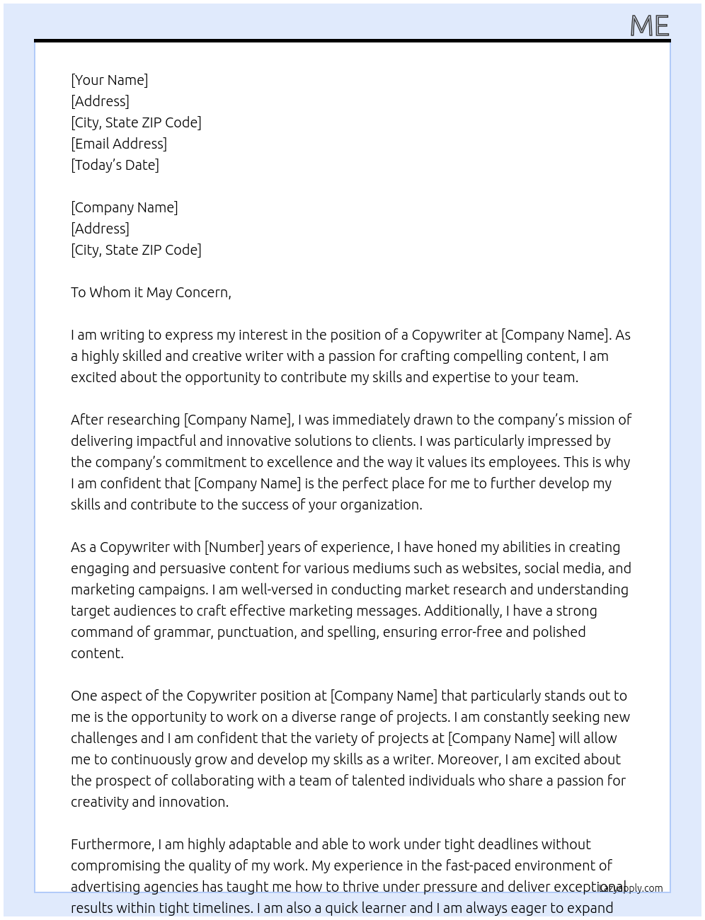 Copywriter At Company Cover Letter