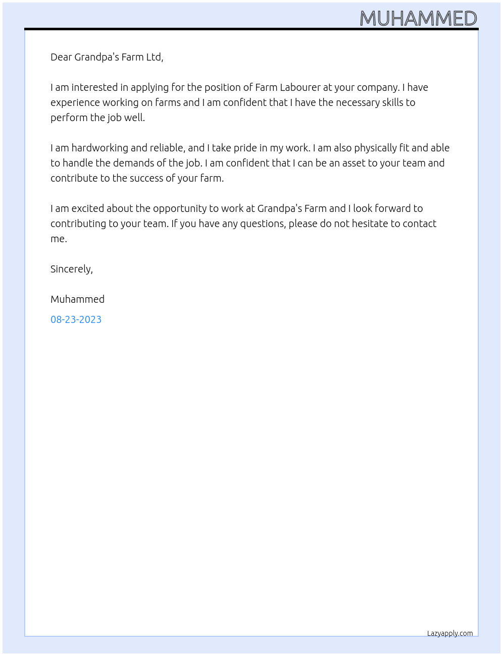 Farm labourer At Grandpa's farm ltd Cover Letter