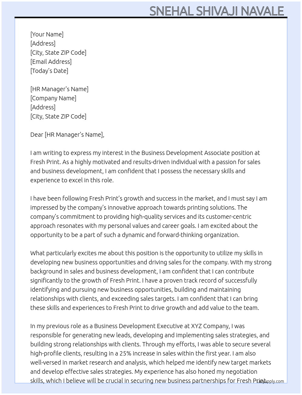 Business development associate At Fresh print Cover Letter