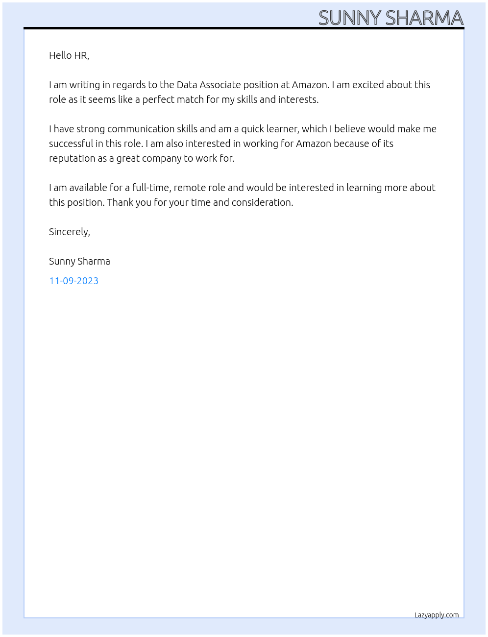  Data Associate At AMAZON Cover Letter