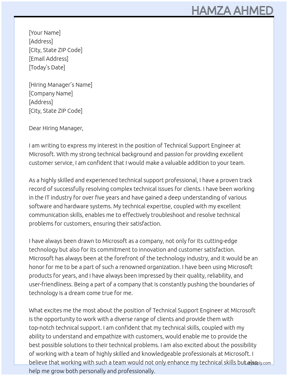 Technical Support Engineer At Microsoft Cover Letter