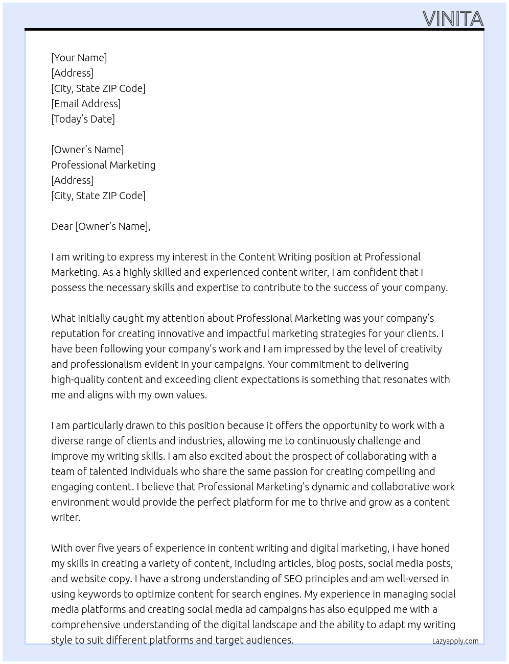Content writing At Professional marketing Cover Letter