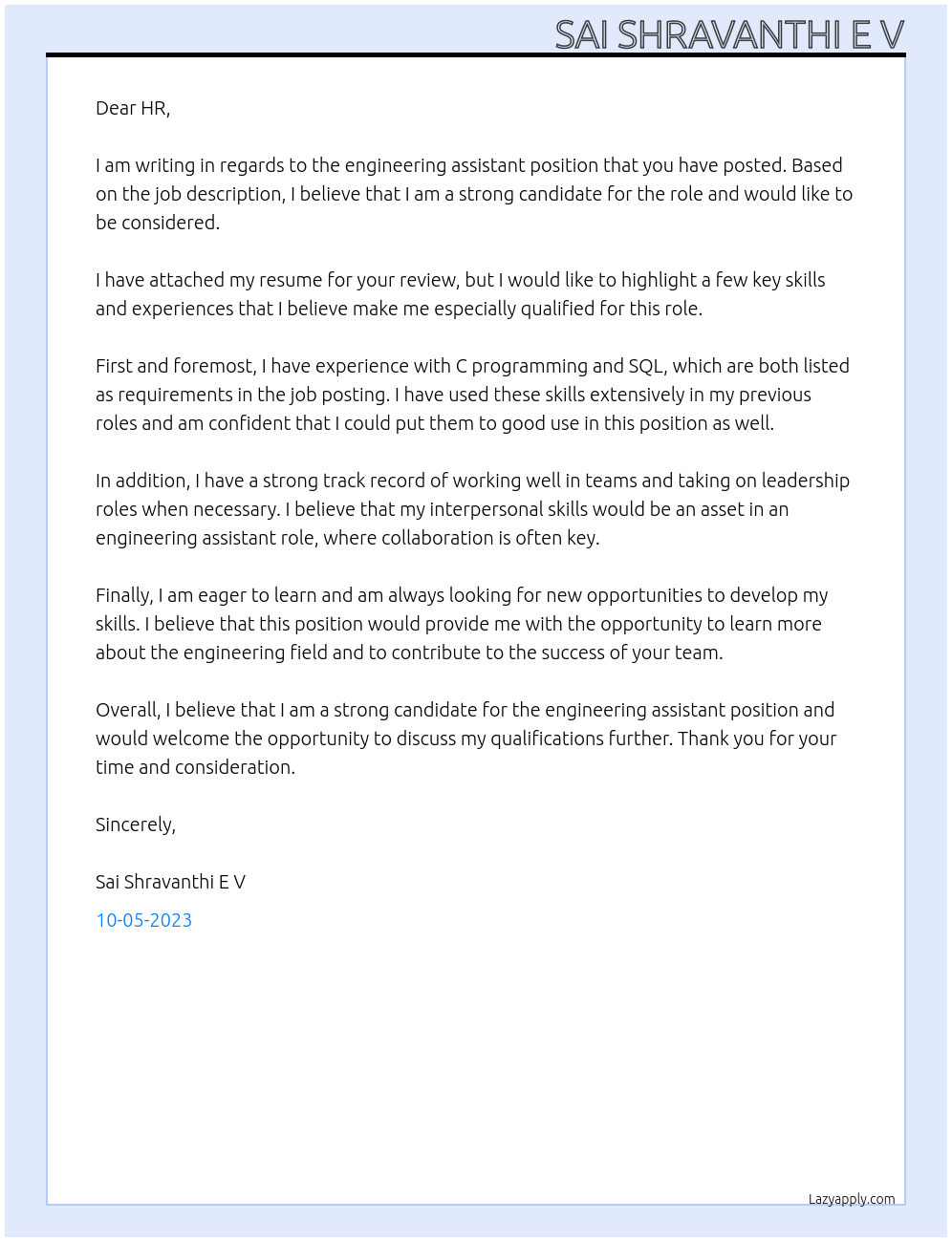 engineering assistant At sanmina Cover Letter