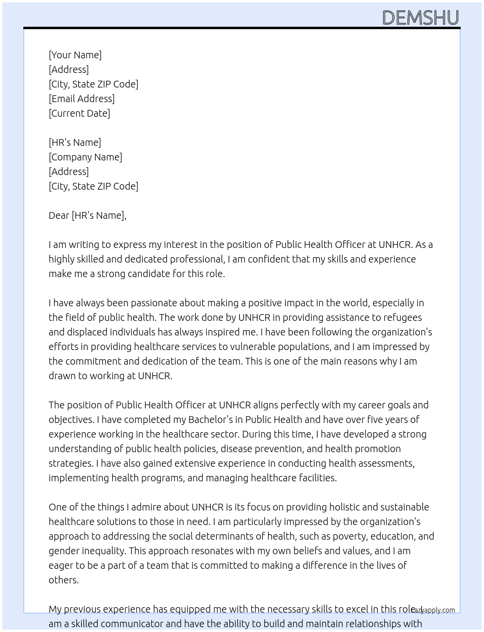 Public Health Officer At UNHCR Cover Letter