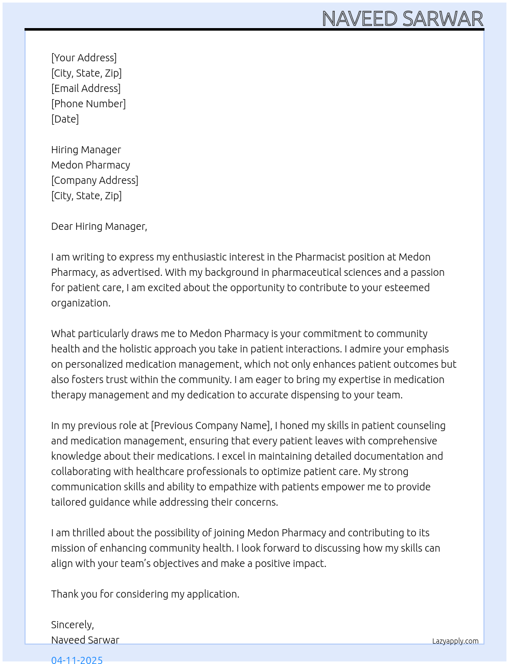 Pharmacist At Pharmacy Cover Letter