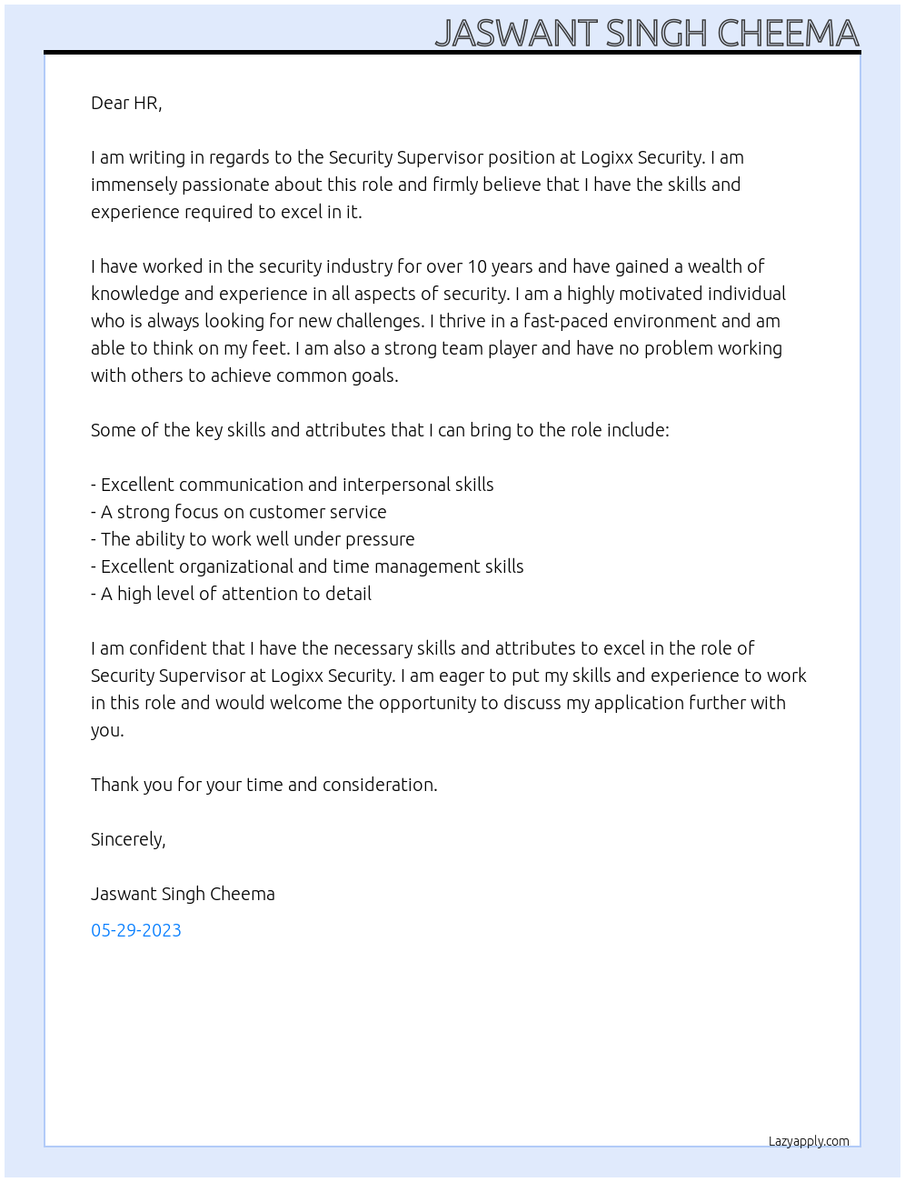 Security Supervisor At Logixx Security Cover Letter