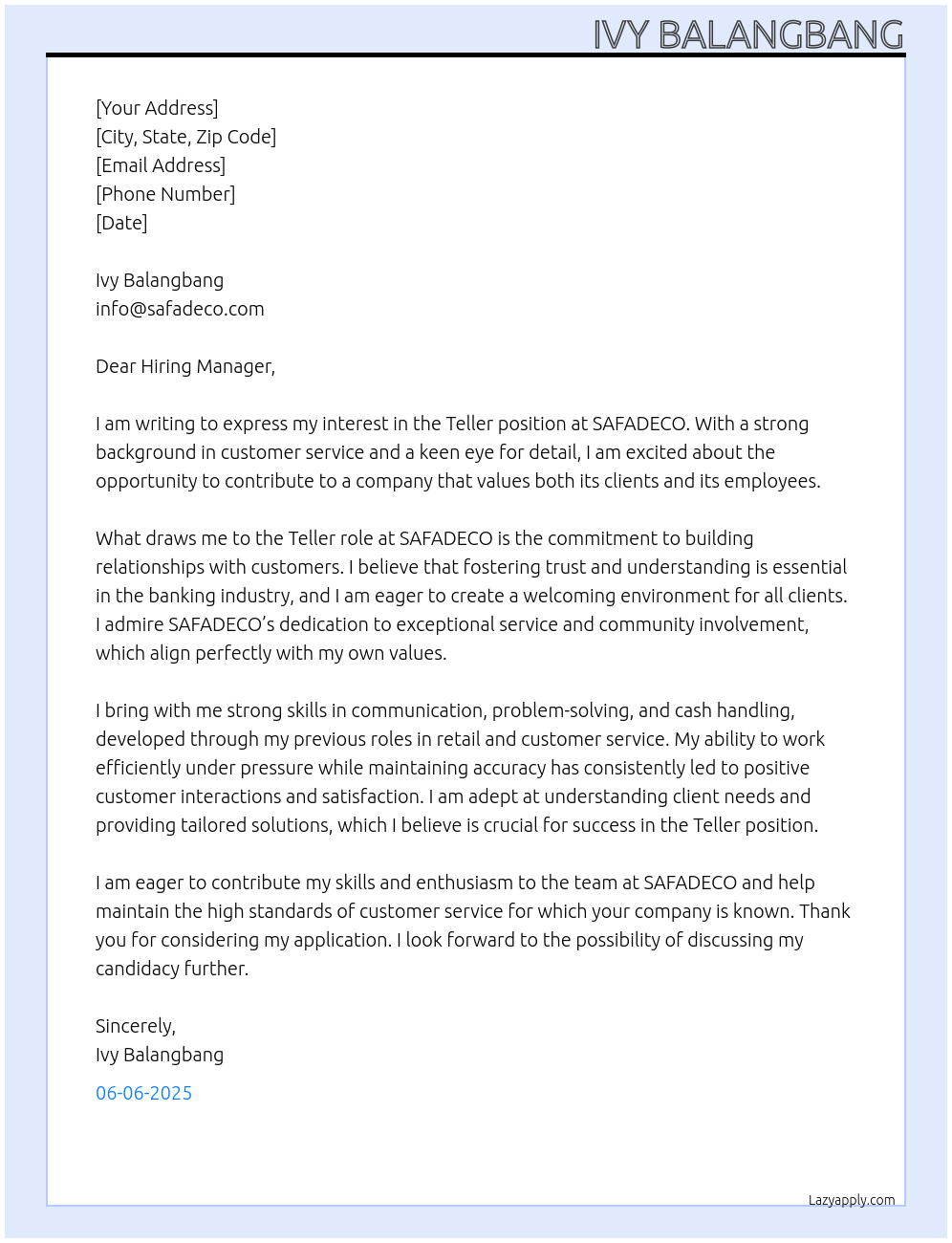 Teller At SAFADECO Cover Letter