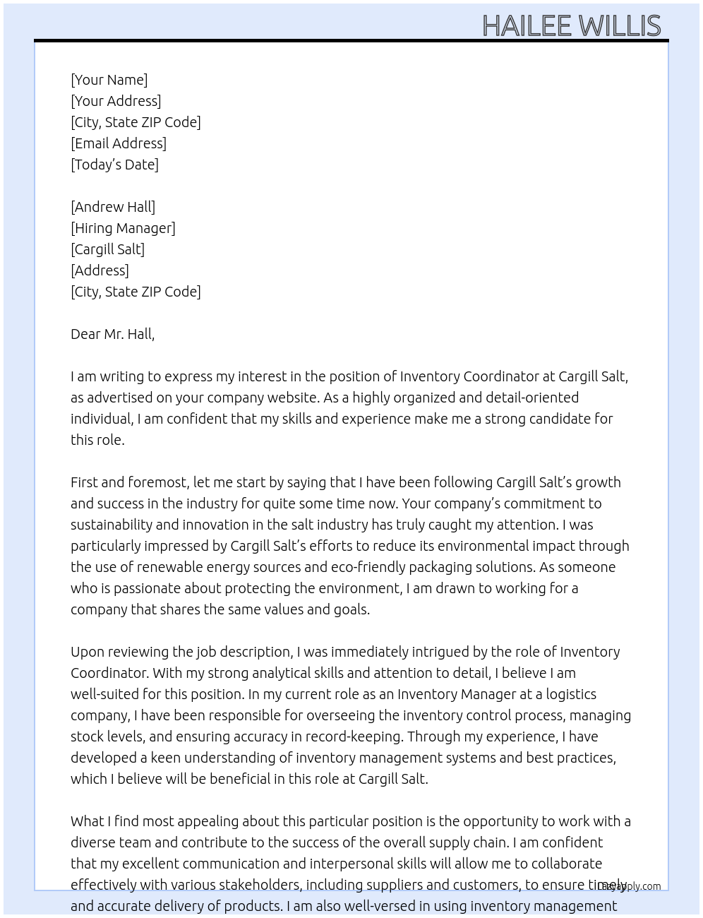 Inventory Coordinator  At Cargill Salt  Cover Letter