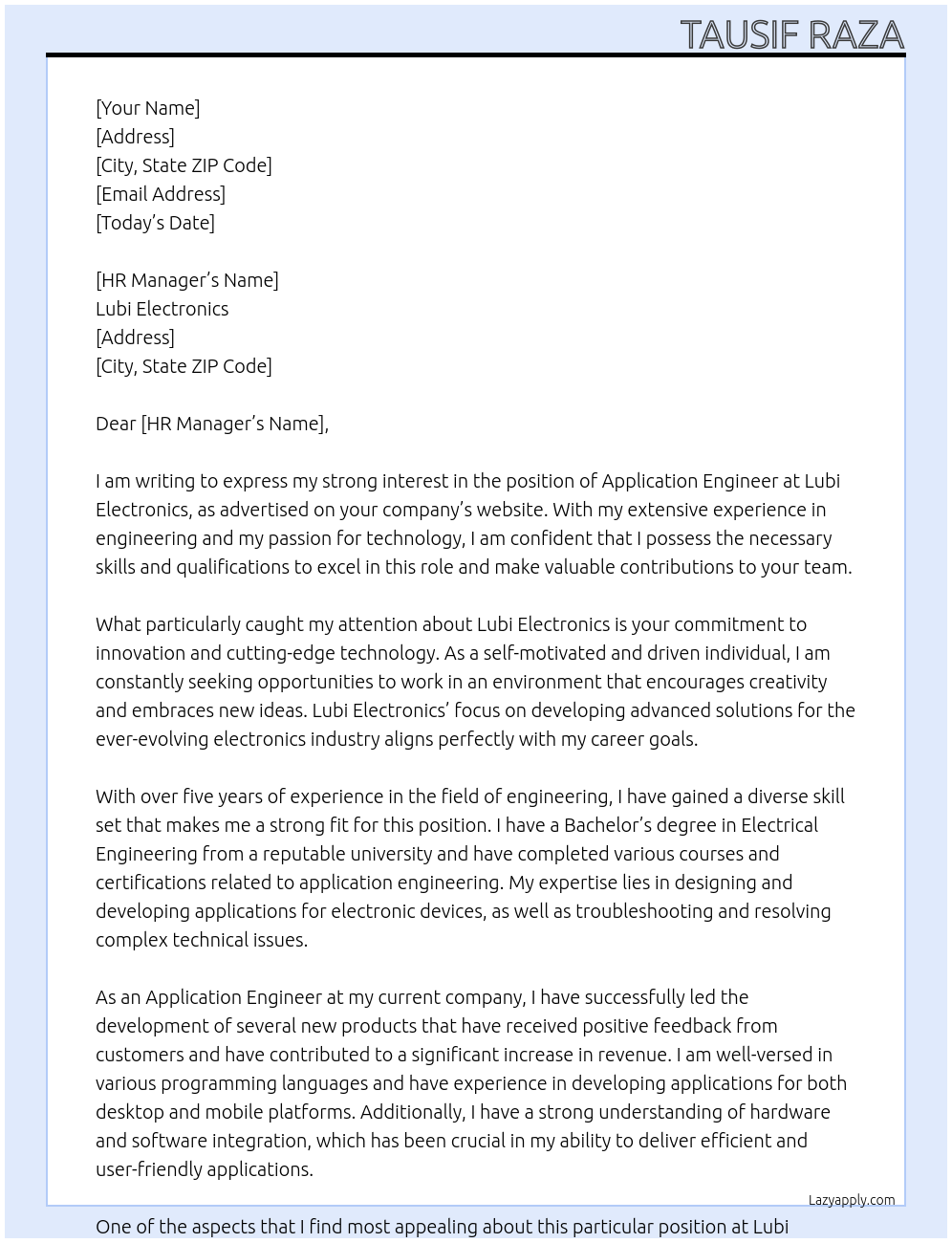 Application Engineer At Lubi Electronics Cover Letter