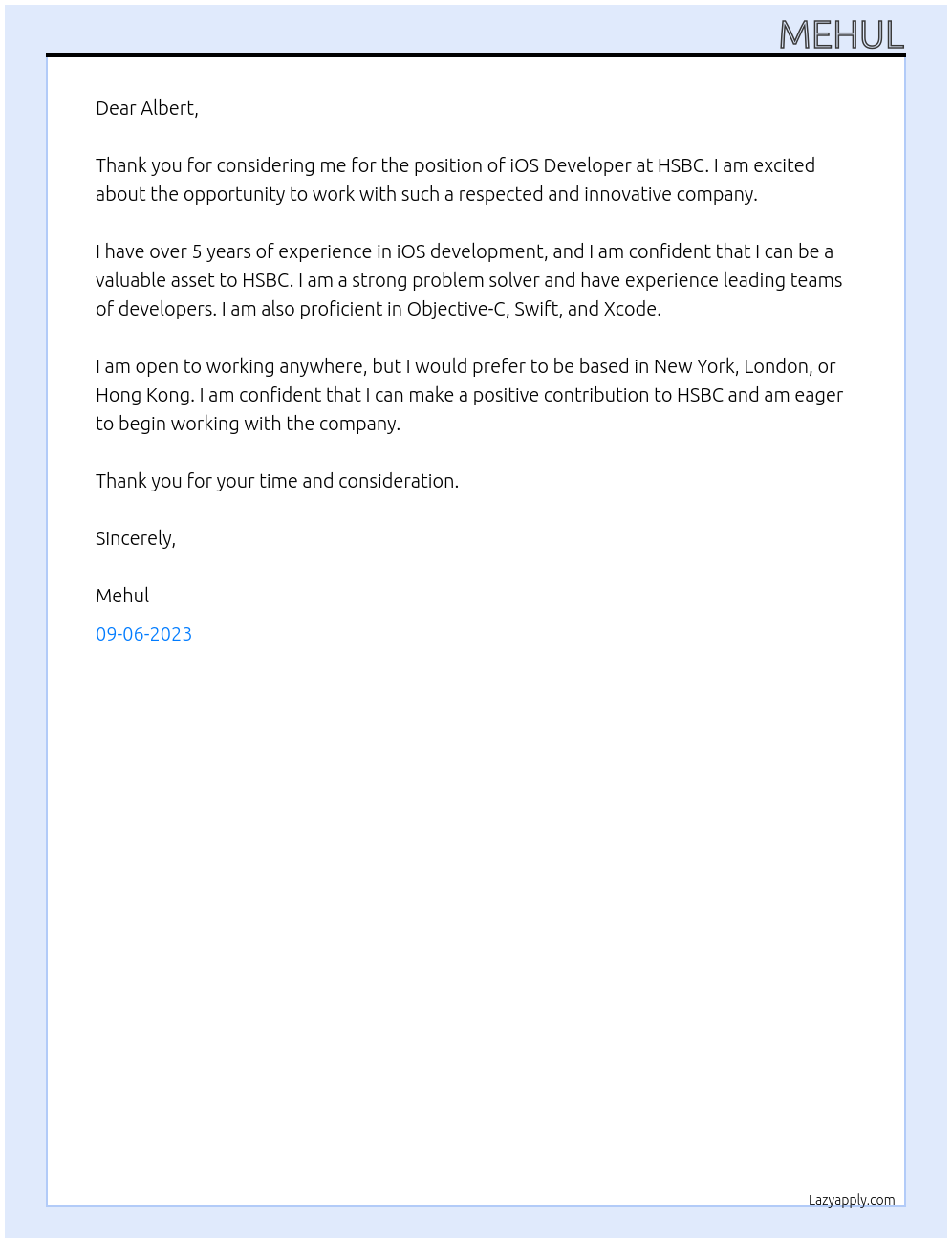 iOS Developer At HSBC Cover Letter