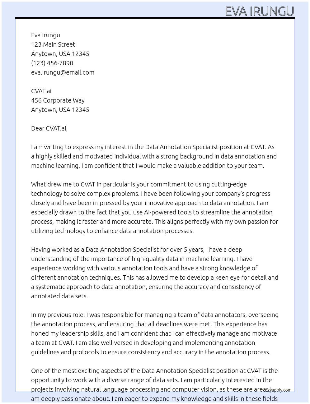 Data Annotation Specialist At CVAT Cover Letter