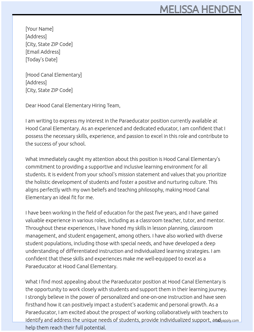 Paraeducator At Hood Canal Elementary Cover Letter