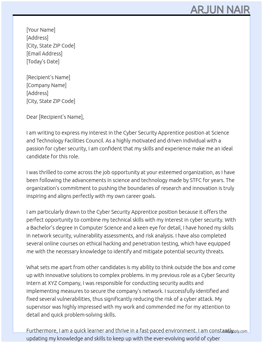 Cyber Security Apprentice At Science and Technology Facilities Council Cover Letter