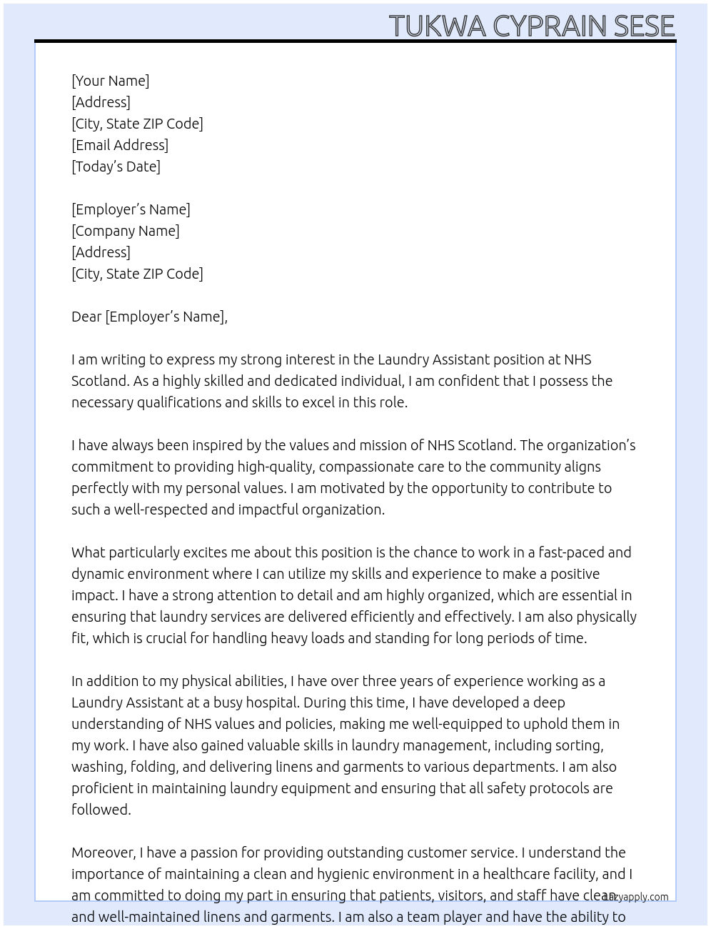 laundry assistant At NHS Scortlant Cover Letter