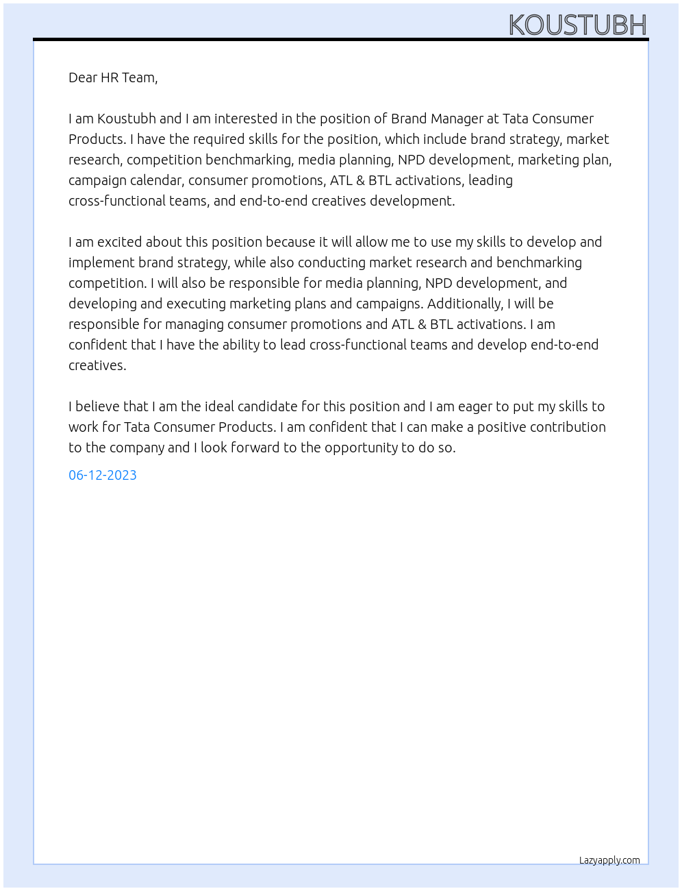 Brand Manager At Tata Consumer Products Cover Letter
