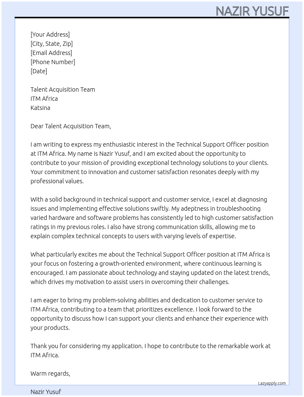 Technical Support Officer At ITM Africa, Katsina Cover Letter