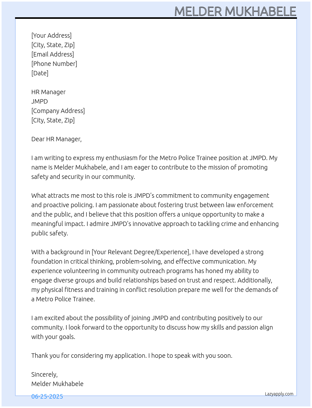 Metro Police Trainee At JMPD Cover Letter