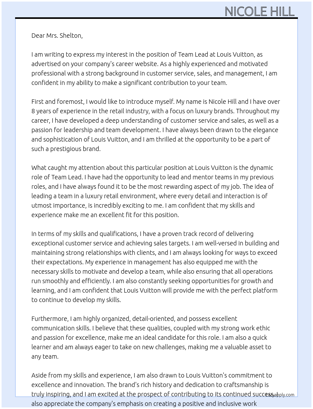 Team Lead At Louis Vuitton Cover Letter