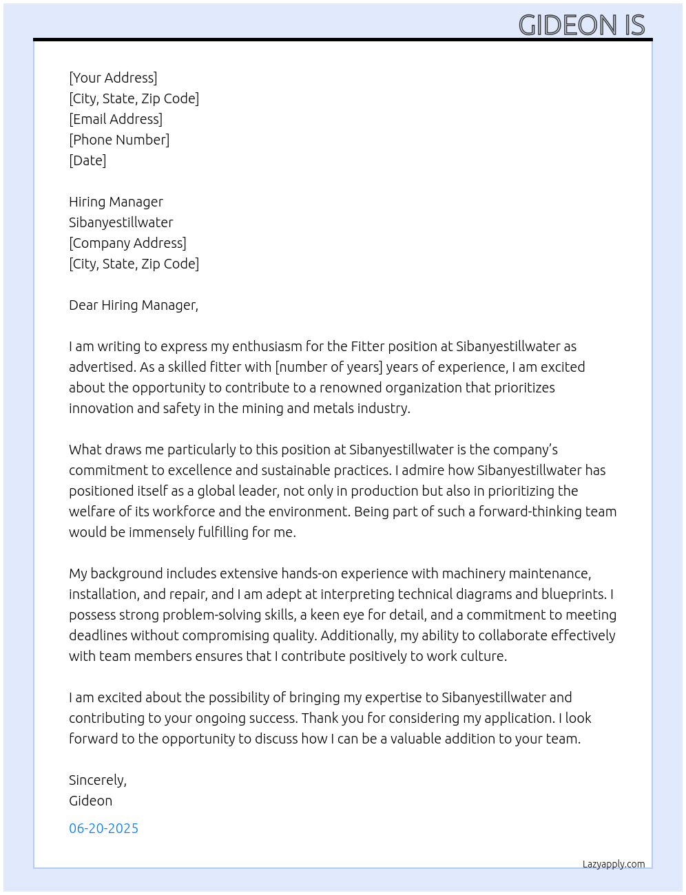 Fitter At Sibanyestillwater Cover Letter