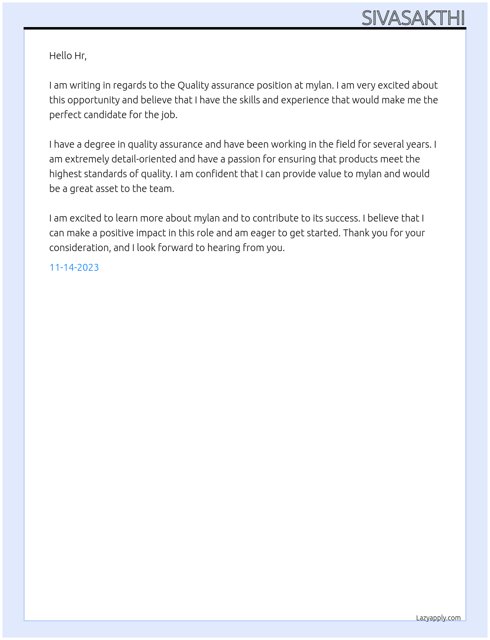 Quality assurance At mylan Cover Letter