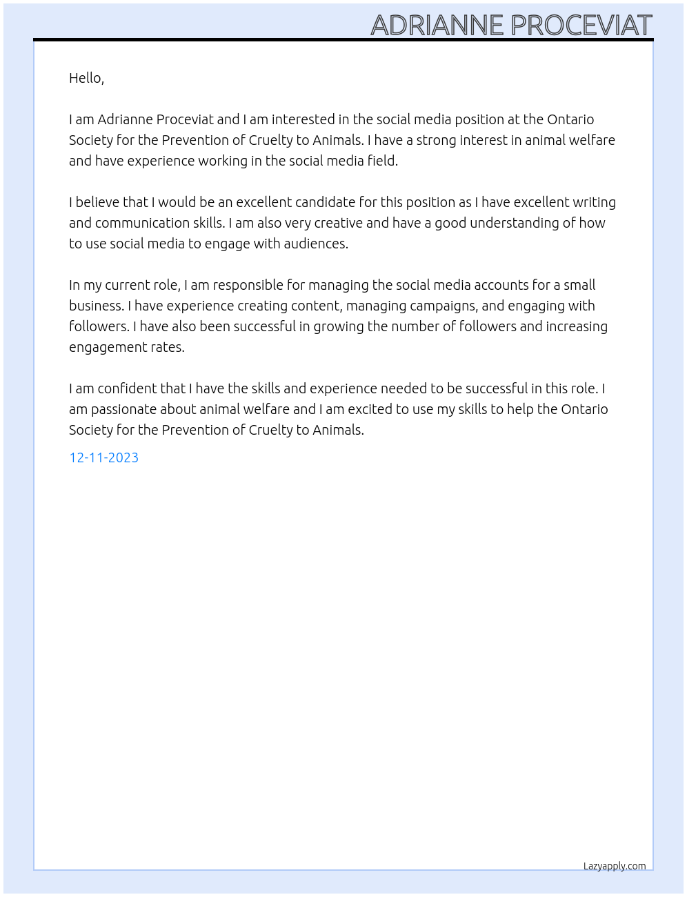 Social media At Ontario Society for the Prevention of Cruelty to Animals Cover Letter