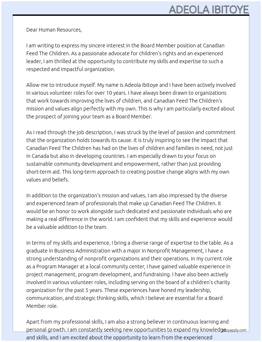 Board Member At Canadian Feed The Children Cover Letter