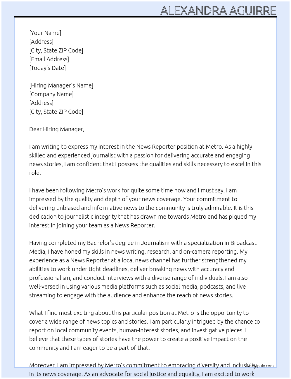 News Reporter At Metro Cover Letter