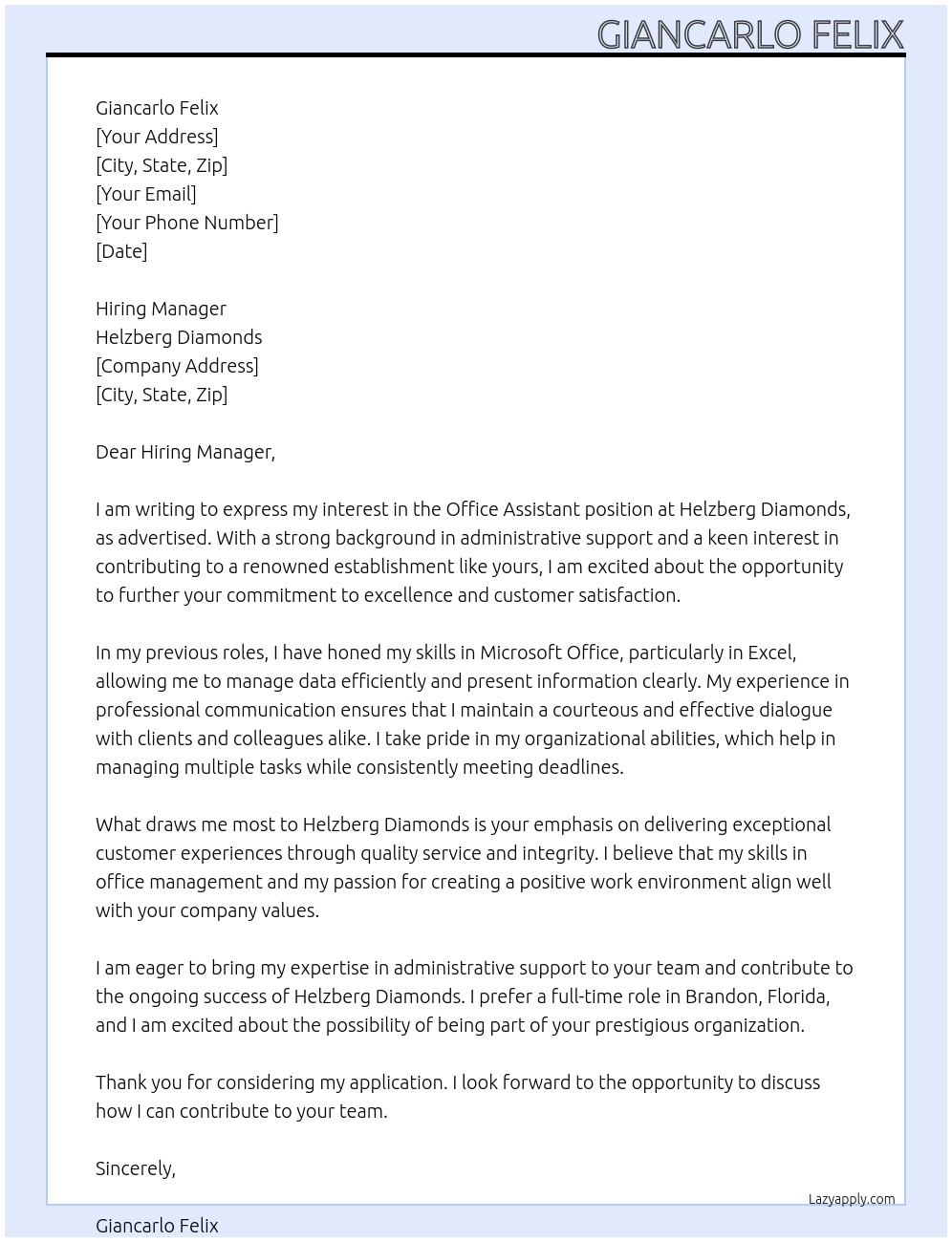 Office Assistant At Helzberg Diamonds Cover Letter