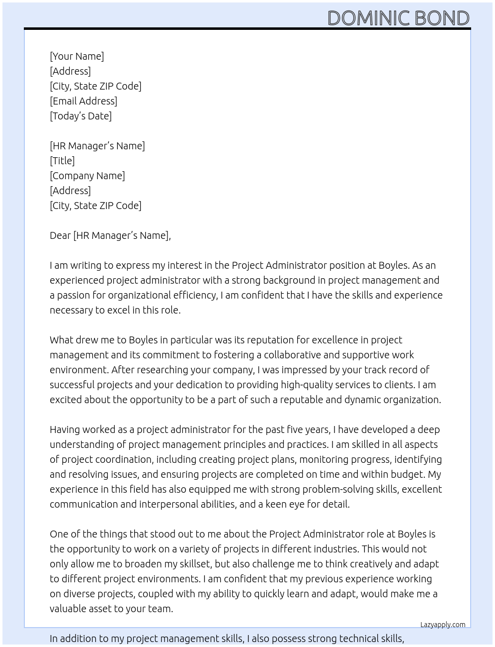 project administrator At Boyles Cover Letter