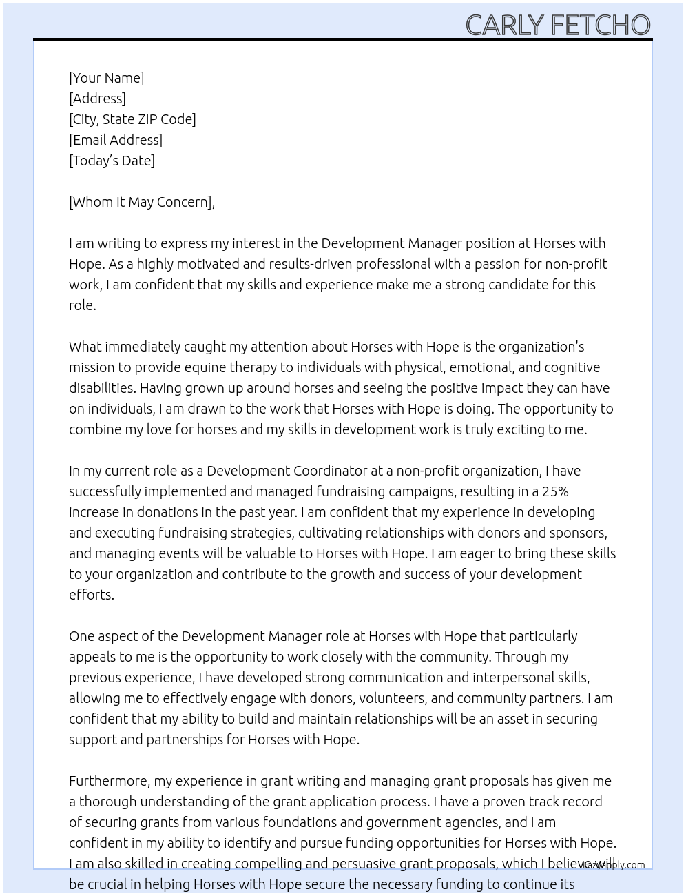 Development Manager At Horses with Hope Cover Letter
