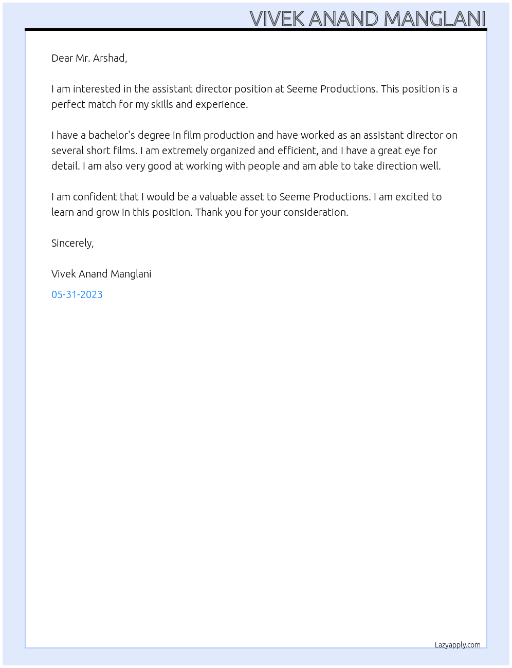 assistant director At Seeme Productions Cover Letter