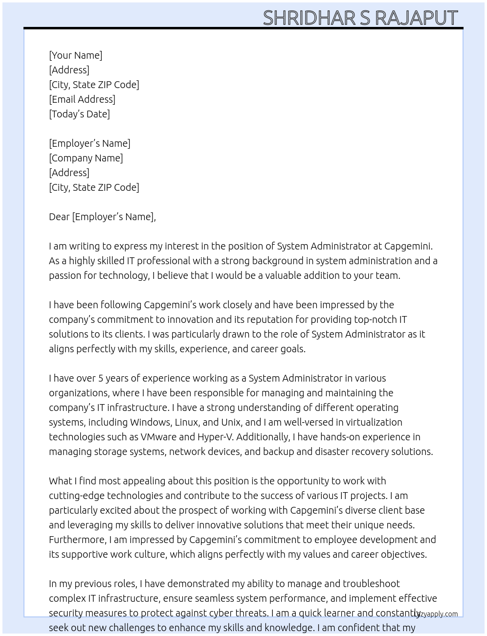 System administrator At Capgemini Cover Letter