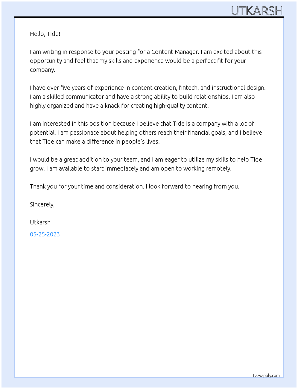 Content Manager At TIde Cover Letter