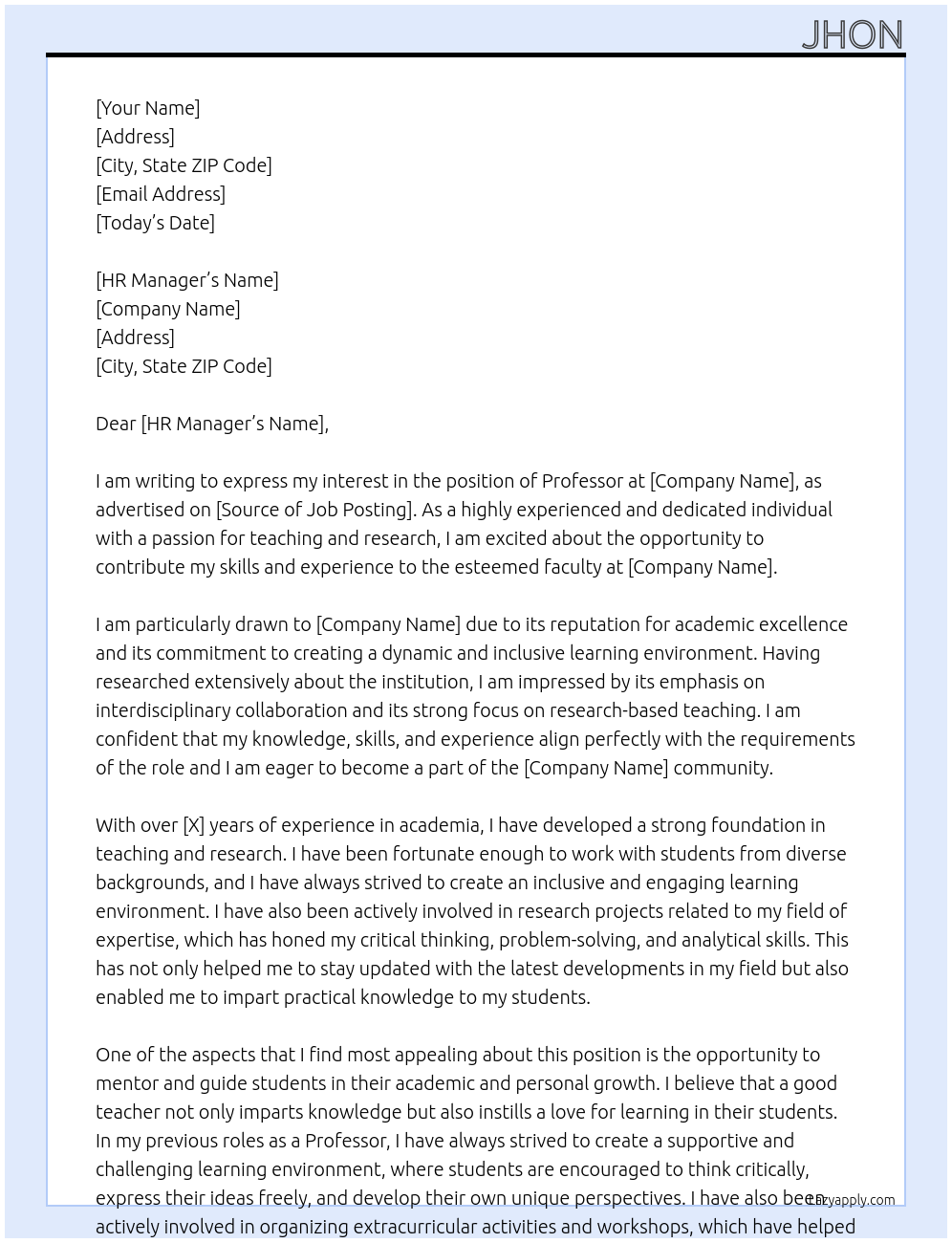 professor At yyyy Cover Letter