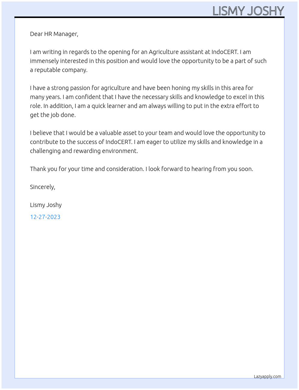 Agriculture assistant At IndoCERT Cover Letter