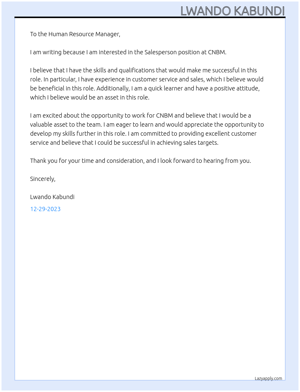 Sales person At CNBM Cover Letter