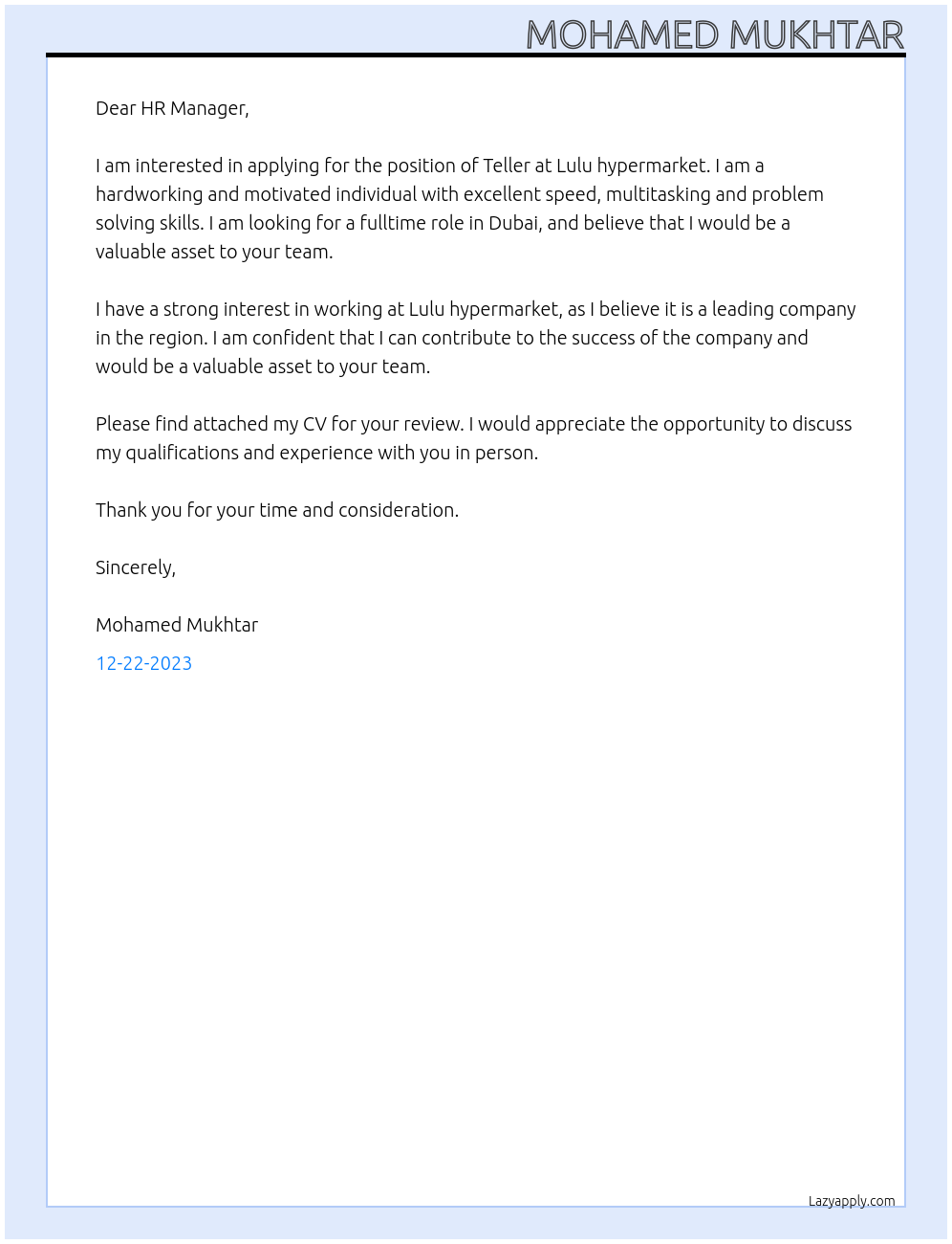 Teller At Lulu hypermarket Cover Letter