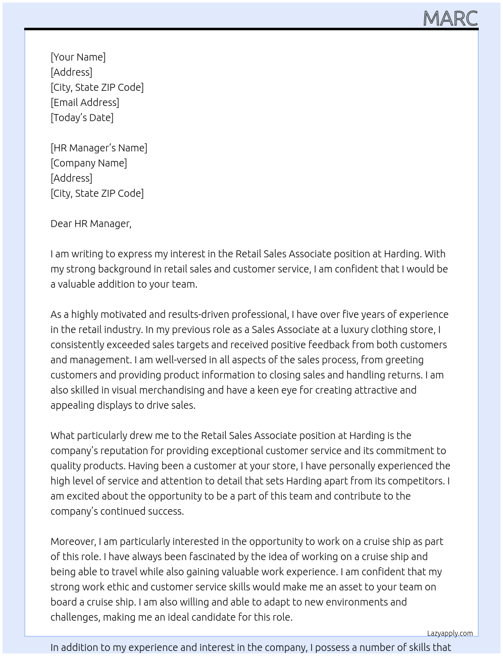 retail sales associate At harding Cover Letter