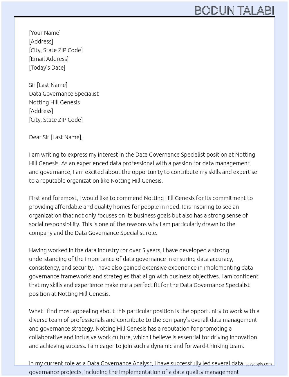 Data Governance Specialist At notting hill genesis Cover Letter