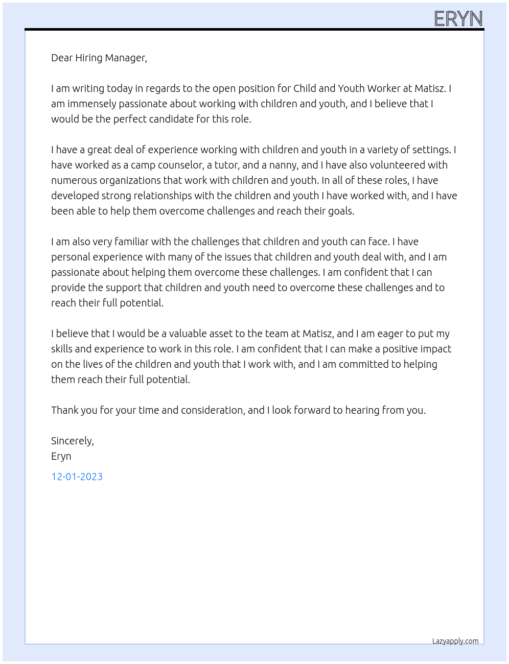 Child and Youth Worker At Matisz Cover Letter