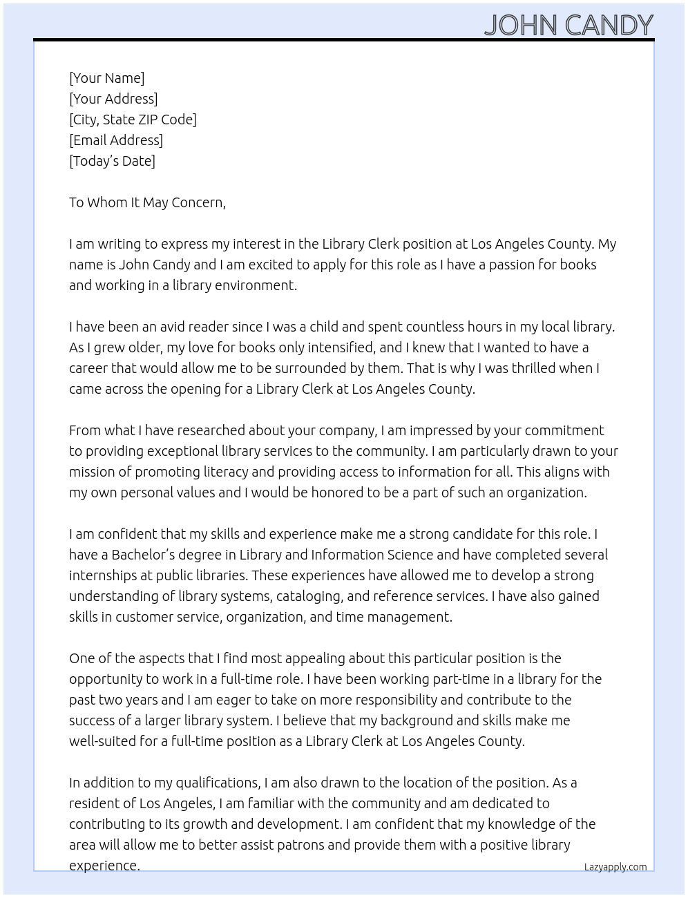 library clerk At los angeles county Cover Letter