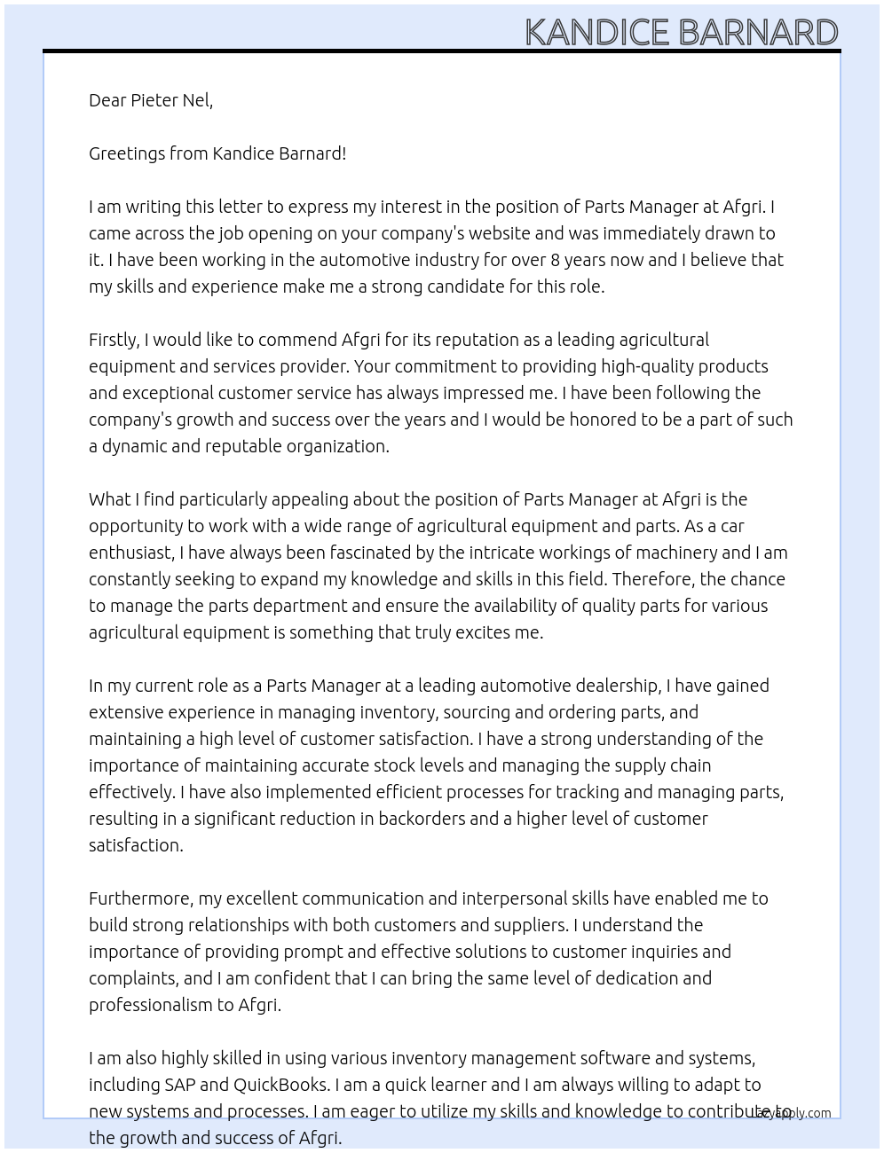 Parts Manager At Afgri Cover Letter