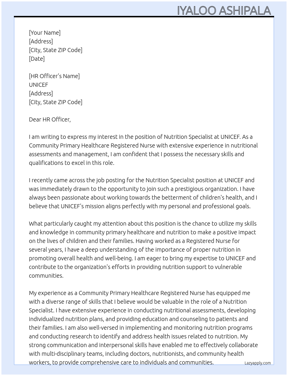 Nutrition specialist  At UNICEF  Cover Letter