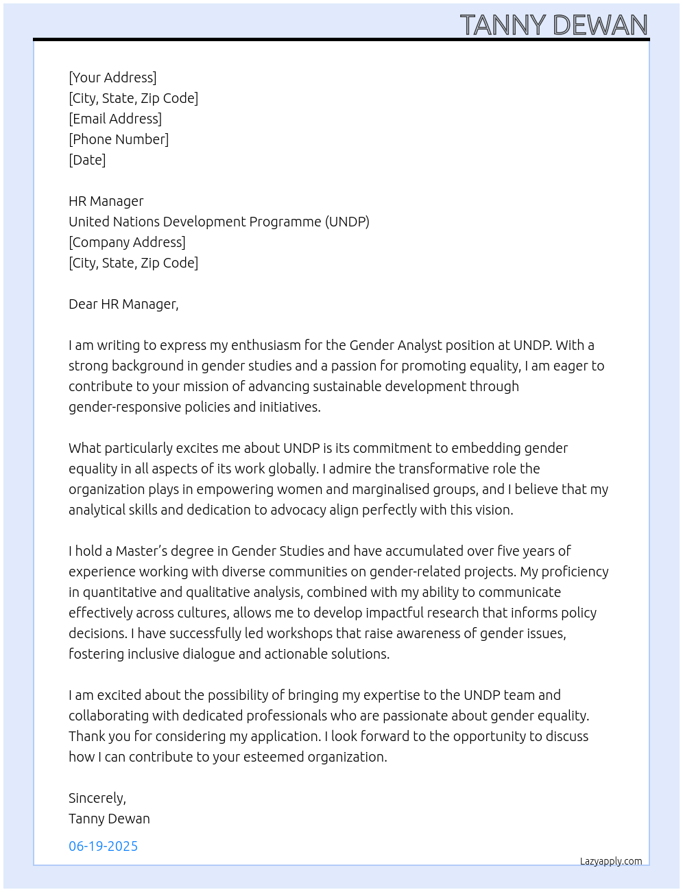 Cover letter for gender analyst - LazyApply