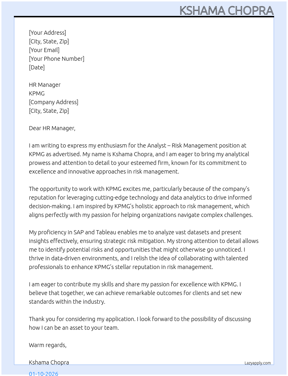 Analyst- Risk Mnagement At KPMG Cover Letter